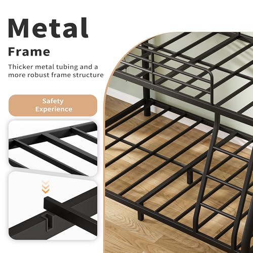 Twin Over Twin Metal Bunk Bed with Trundle Heavy Duty Twin Size Metal Bunk Beds Frame with 2 Side Ladders Convertible Bunkbed with Safety Guard Rails,No Box Spring Needed (Twin Over Full Black) HomJoones