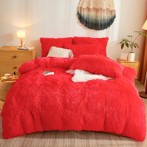 Besfunny Faux Fur Fluffy Red Comforter Cover Queen Set – Plush Faux Fur Red Bedding 3-Piece Set (1 Duvet Cover + 2 Furry Pillow Shams) Cozy Bed Set Besfunny