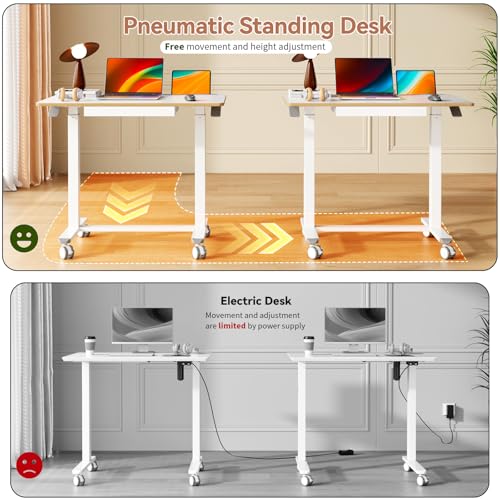 Liftsync Mobile Standing Desk, 35inch Small Rolling Table with Drawer, Height Adjustable Sit Stand Workstation, White Portable Laptop Cart with Hidden Wheels or Lockable Casters Liftsync