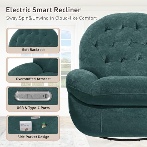 EONIX Stylish Power Swivel Rocker Recliner Chair for Living Room, Rocking All Positions, Dual Motor Independently Controlled Backrest and Headrest, USB Charging Port, Green, SXXY005021