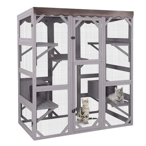 GUTINNEEN Catio Outdoor Cat Enclosure 70" Large Wooden Cat House Walk-in Cat Cage Kitty Shlter Playpen with 7 Platforms, 2 Resting Boxes, Waterproof Cover for 2-6 Cats (Grey) GUTINNEEN