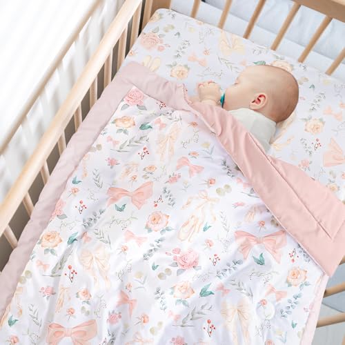 GFU Crib Bedding Set for Girls 4-Piece, Bow Baby Girl Crib Bedding Set Pink Flowes, Nursery Sets Includes Comforter, Fitted Crib Sheet, Crib Skirt, and Diaper Stacker GFU