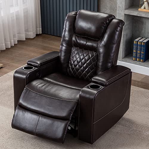 CANMOV Electric Power Recliner Chair with USB Ports and Cup Holders, Breathable Leather Home Theater Seating with Hidden Arm Storage (Brown) CANMOV