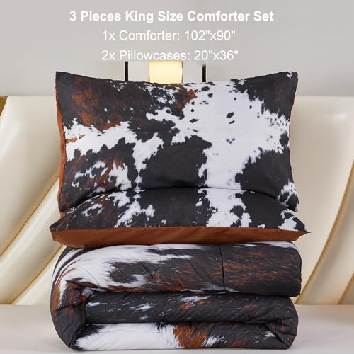 PERFEMET Black King Size Comforter Set 3 Pieces Cow Print Bedding Set Western Farmhouse Rustic Bed Comforter Animal Cowhide Quilt Set for Bedroom Decoration PERFEMET