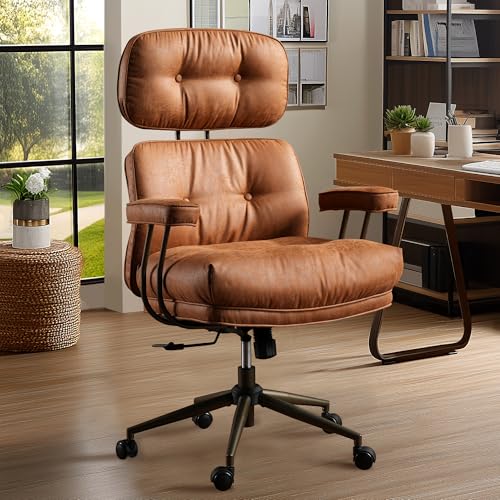 Mid Century Modren Big and Tall Office Chair,Large Ergonomic Executive Chair for Heavy Duty People, Computer Desk Task Chair with Wheels, Faux Lether Fabric Wide Chair for Home Sturdy,Brown(Suede) ALTRIGUS