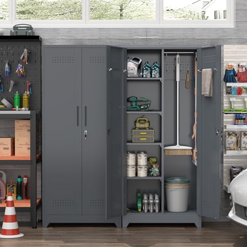 NICEGDLT Metal Storage Cabinet with Lock,72" Garage Storage Cabinets with Hanging Rod & S-Hooks,Large Storage Cabinet with Shelves,Locking Tool Utility Closet for Home,Garage,Utility Room,Dark Grey NICEGDLT
