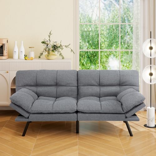 Vipbear 71" Futon Sofa Bed - Convertible Sofa Beds/Adjustable Backrest & Armrest, Comfy Loveseat Sleeper for Small Spaces, Apartments & Offices,Linen Fabric Medium Grey Futons Vipbear
