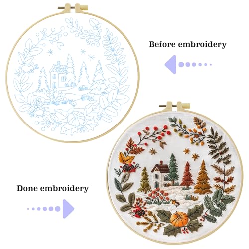 Embroidery Kit for Beginners, Beautiful small town Nature Landscape Pre-Stamped Pattern Kits for Adults , Easy to Follow Color Thread Needlework,DIY Cross Stitch Kits with 8'' Hoop Needles Threads
