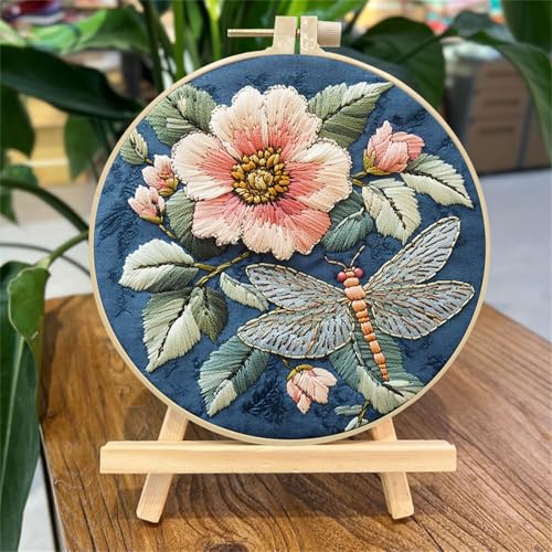 SCECALA 4 Pack Spring Floral Embroidery Kit - Blue Dragonfly Flower Hand Embroidery Kit for Beginners with Pattern, Complete Cross Stitch Supplies DIY Craft for Adults Sewing Hobby, 1pc Hoops