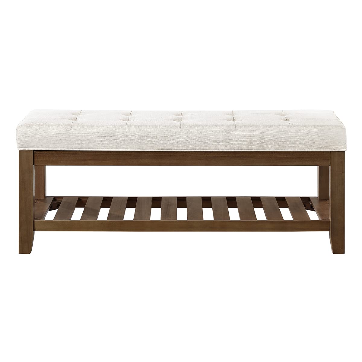 24KF Large Rectangular Upholstered Tufted Linen Ottoman Bench, Padded Bench with Solid Wood Shelf-Ivory 24KF