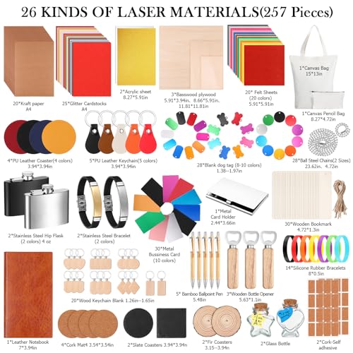Dunzoom 257 Pcs Laser Material Kit Laser Engraving Materials Including Acrylic, Metal, Wood, Fabric, PU Leather, Glass, Rock, Rubber Materials for Laser Engravers and Laser Cutters Dunzoom