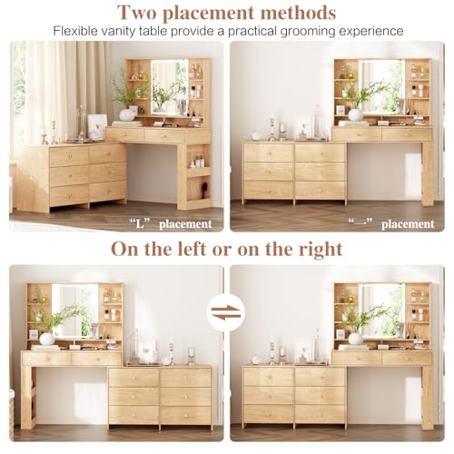 Ieejdn Makeup Vanity Desk with Mirror and Lights, Vanity Desk with 8 Drawers & Storage Shelves, Vanity Table with Power Outlet, 3 Color Modes & Adjustable Brightness Dressing Table, Bedroom,Oak2 Ieejdn