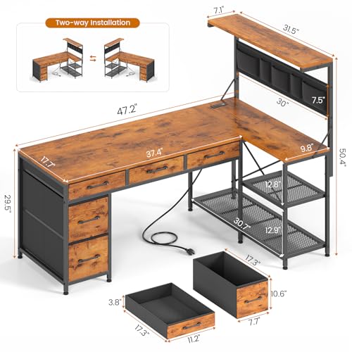 SEDETA L Shaped Desk with Drawers and Hutch, 47.2" Reversible Office Computer Desk with 5 Fabric Drawers, L Shaped Desk with Storage Shelves, Power Outlet and LED Lights for Home Office, Rustic Brown SEDETA