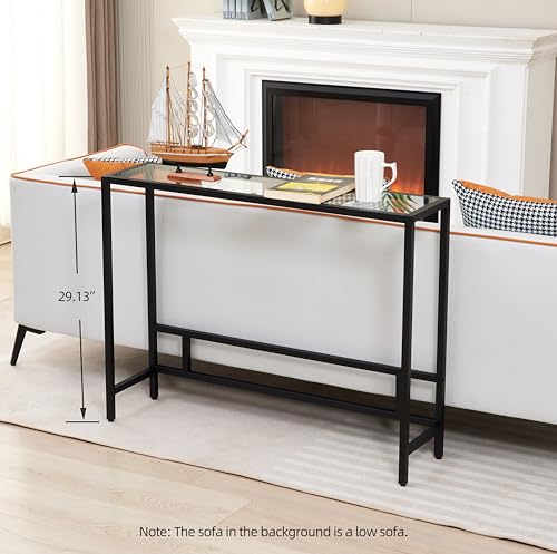 MAJARO Small Modern Console Table for Entryway, Tempered Glass with Metal Frame Sofa Table for Living Room, Hallway, Office (Single-Layer, Black) MAJARO