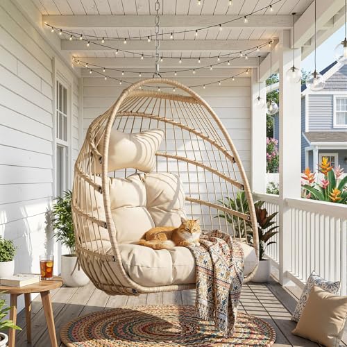 Nicesoul Outdoor Hanging Egg Chair Without Stand, Patio Wicker Swing Egg Basket Chairs with Padded Cushion, 350 Lbs Comfy Cozy Ceiling Tree Swinging Egg-Shaped Chair No Stand for Indoor Balcony, Beige NICESOUL