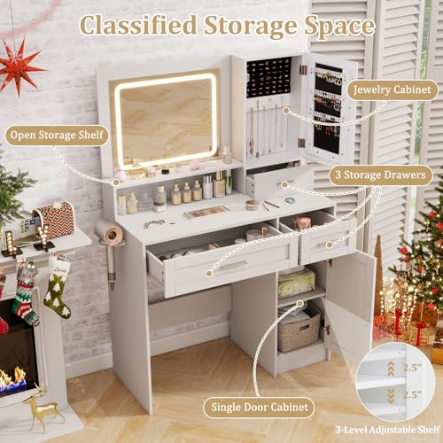 LOKO Farmhouse Vanity Set with Mirror & Lights, Dressing Table and Chair Set with 3 Lighting Modes & Adjustable Brightness, Charging Station & Hair Dryer Holder, Jewelry Cabinet, for Bedroom LOKO