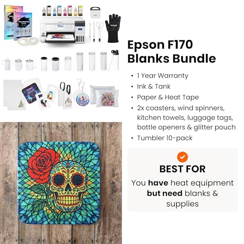 Epson Surecolor F170 Sublimation Blank Bundle – Printer with CMYK Ink Set, Tumbler & Flat Blanks Starter Kit, Sublimation Paper, Heat Tape & Design Pack – Perfect for Beginners & Small Business