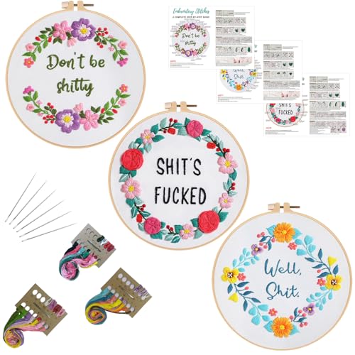 Louise Maelys 3 Sets Funny Embroidery Kits for Beginners,Cross Stitch Kit for Adults,DIY Starters Needlepoint with Flower Wreath Pattern,Including Instruction and Threads