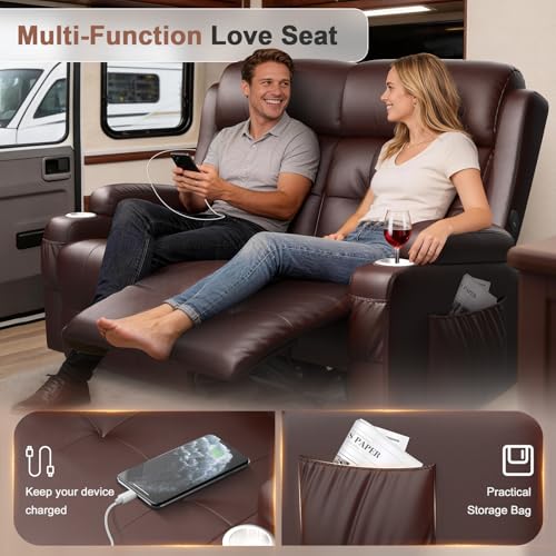 Furgatti Reclining Loveseat, 55.1" RV PU Leather Wall Hugger Recliner Love Seats Sofa with USB-A/Type C Charging Station, Cup Holder, Double Recliners Couch, Manual Love Seat for RV & Gaming Room
