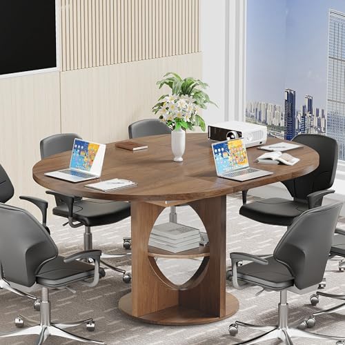 Xyulmeo Extendable Round Conference Table for 4-6, 43-59 Inch Oval Meeting Room Table with Storage, Wood Walnut Circle Table with Leaf, Space Saving, for Office, Conference Room, Boardroom, Seminar Xyulmeo