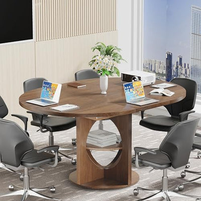 Xyulmeo Extendable Round Conference Table for 4-6, 43-59 Inch Oval Meeting Room Table with Storage, Wood Walnut Circle Table with Leaf, Space Saving, for Office, Conference Room, Boardroom, Seminar