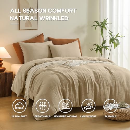 Simple&Opulence Linen Muslin Duvet Cover Set California King, 3Pcs Camel Linen Cotton 3-Layer Gauze Minimalist Comforter Cover 104”x98”, Ultra Soft Breathable Seersucker Bedding Set with 2 Pillowcases Simple&Opulence