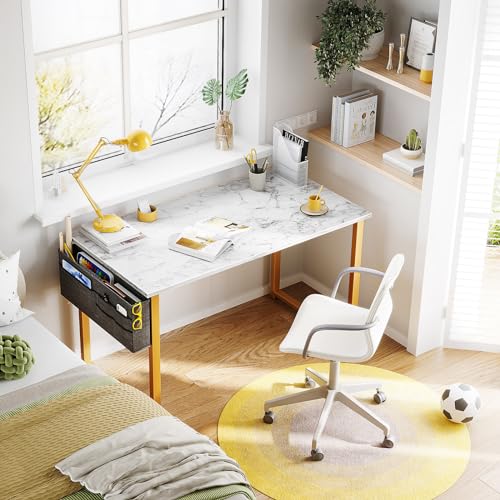 ODK Study Computer Desk 40 inch Home Office Writing Small Desk, Modern Simple Style PC Table with Storage Bag and Headphone Hook, White Marble + Gold Leg ODK
