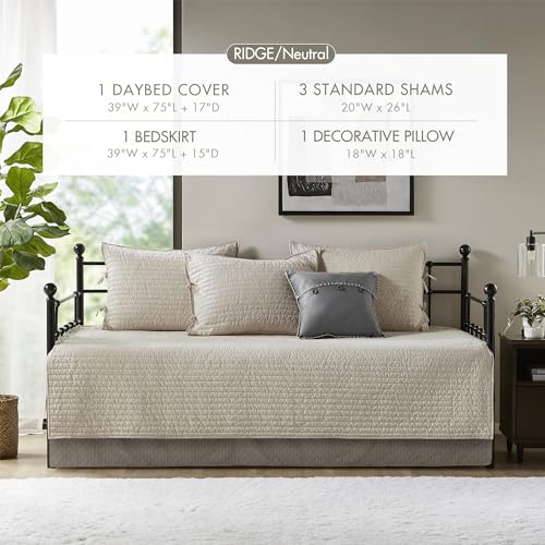 Madison Park Ridge Daybed Cover Set - Cabin Lodge Plaid Herringbone Print Reversible Design, All Season Luxury Bedding with Bedskirt, Matching Shams, Decorative Pillow, 39"x75", Neutral 6 Piece Madison Park