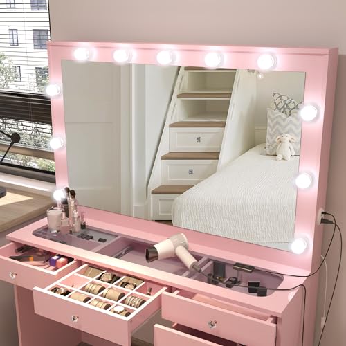 Boahaus Serena Large Makeup Vanity Desk with Hollywood Lights, 11 Drawers, Hair Dryer Hanger, USB Type-C & Type-A, 110V Power Outlet for Beauty Tools, Glass Top, Crystal Knobs – Premium Pink Finish Boahaus
