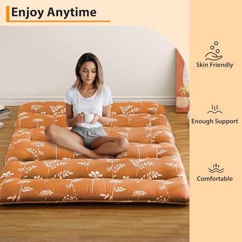 IDEALHOUSE Japanese Floor Mattress, Roll-Up Futon, Full Size, Flowers Printed Thicken Futon Mattress for Floor, Microfiber Cotton Sleeping Pad for Guest Room, Camping and Kids Play Mat, Brick Red IDEALHOUSE