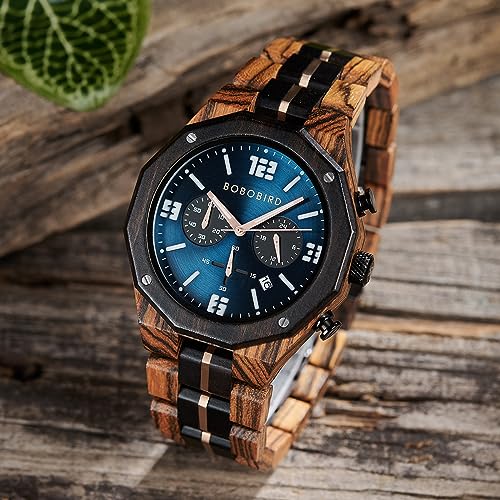 BOBO BIRD Men's Wooden Watch Sport Fashion Wristwatch Casual Chronograph Quartz Watches Men's Wood Stainless Steel Strap Watch with Date Display (Blue) BOBO BIRD