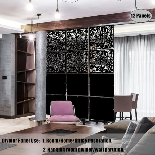 LRZCGB Hanging Room Divider,12pcs PVC Black Panel Screen Solid for Decorating Living, Dining, Study and Sitting-Room, Hotel(Black+Solid Board) LRZCGB