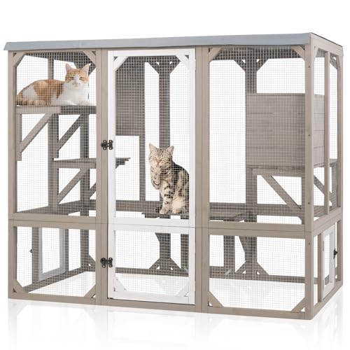 Large Catio Outdoor Cat Enclosure Window Access, Wooden Kitty Cage with Resting Room & 3 Platforms for Multiple Feral Cats, Cat House Attached to Window, Pet's Door for Patio Indoor Magazoopet