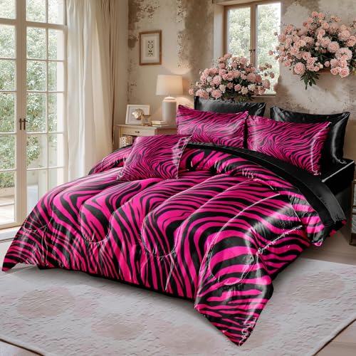 Zebra Print Bedding Set Hot Pink Satin Comforter with Sheets Zebra Stripe Animal Print Africa Wildlife Theme Silk Like Silky Bed in A Bag Black Pink Comforter Sets Bedorm