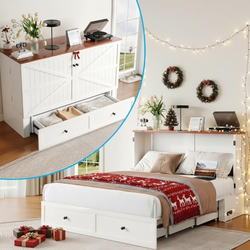 Mjkone 63" Width Queen Size Murphy Bed Cabinet with Charging Station, Mattress Included, Storage Cabinet Murphy Bed Chest Cabinets with Foldable Panel for Guest Small Spaces, Home Offices, White Mjkone