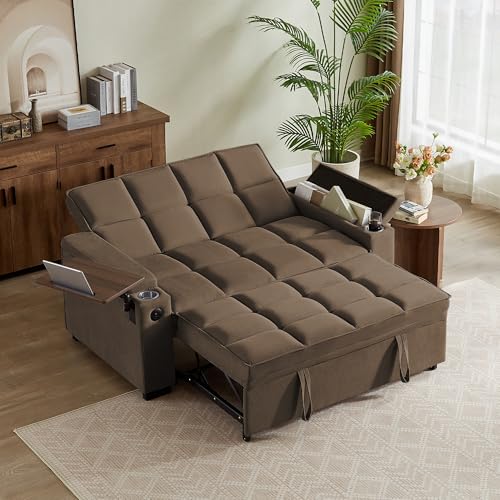 hansones 65'' 3-in-1 Folding Convertible Sofa Bed, Pullout Sofa, Modern Chenille Fabric, 360° Swivel Side Table, Easy Assembly, Perfect for Living Room(ZY-1107A-Brown) hansones