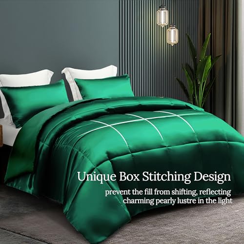 Whale Flotilla 2-Piece Reversible Silky Soft Twin Size Comforter Bedding Set, Luxurious Satin Comforters with Satin Pillowcase, Lightweight Duvet for All Seasons,Deep Green Whale Flotilla