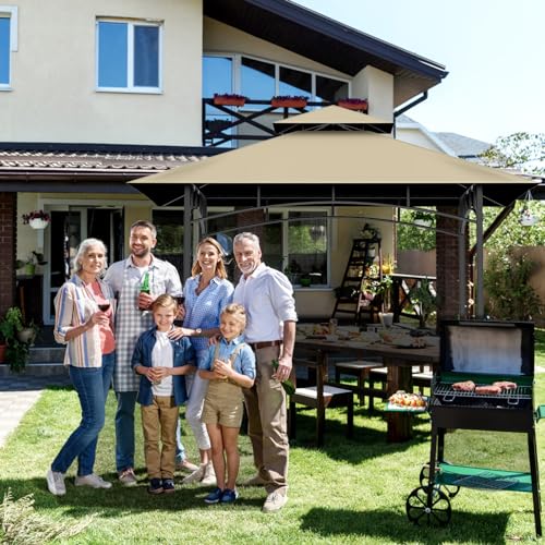5' x 8' Grill Gazebo Replacement Canopy Roof Only,Waterproof Double Tiered Shelter Cover,Outdoor BBQ Gazebo Canopy Top Fit for Gazebo Model L-GG001PST-F (Khaki) Iheqard