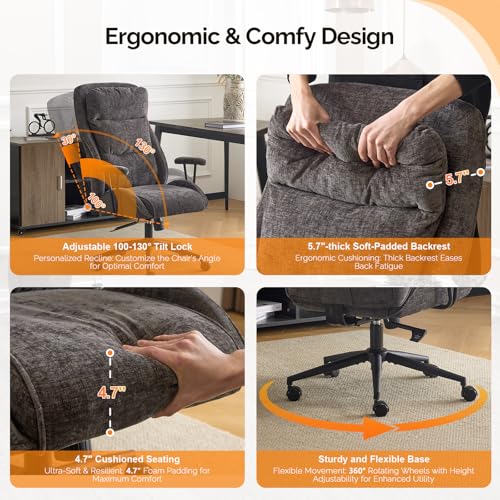 VINGLI Chenille Executive Ergonomic Fabric Office Chair with 100-130° Recline, High-Back Desk Chair with Adjustable Base & Padded Back & Wheels, Comfy Chair for Gaming, Computer, Home Office,Dark Gray VINGLI
