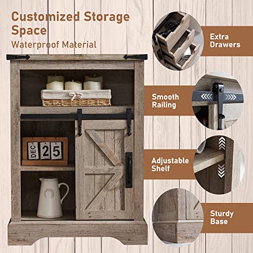 OKD Bathroom Floor Cabinet, Farmhouse Storage Cabinet with Sliding Barn Door & Storage Drawers, Small Storage Cabinet for Bathroom, Kitchen, Living Room, Light Rustic Oak OKD