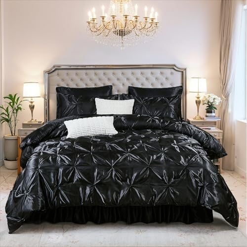 Bedbay Black Comforter Set Queen Size,10-Piece Satin Comforter Bed Set,Pinch Pleat Bedding Set,Black Pintuck Luxury Bed Comforter Set,Lightweight Silk Like Satin Bedding Comforter for All Seasons Bedbay