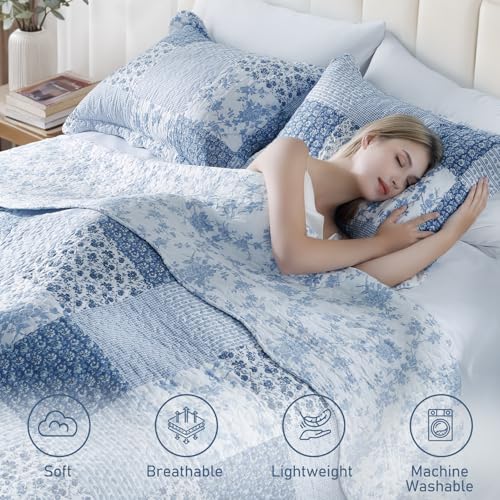 GOONE King Quilt Set 104x90 Inches, Blue Floral Boho Bedspread Farmhouse Quilting Bedding Set, Lightweight Washed Coverlet Set, Reversible Bed Cover, Quilt King Size with 2 Pillow Shams All-Season GOONE