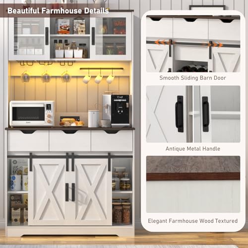 72" Farmhouse Bar Cabinet w/ 60000-color LED Lights,Outlet,Sliding Barn Door,Large Coffee Bar w/Hutch,Wine & Glasses Rack,4 Drawers,12 Shelves,Kitchen Buffet Sideboard for Kitchen,Dining Room chartustriable