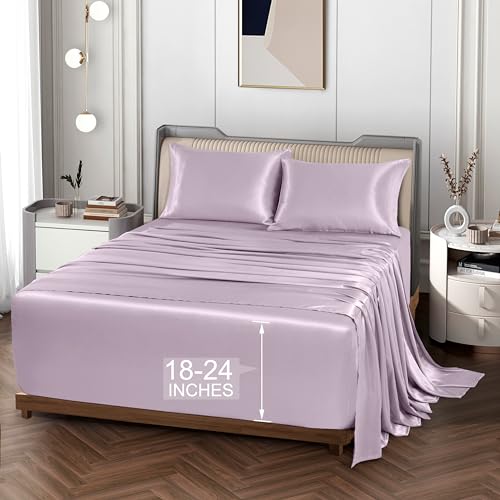 Vonty Extra Deep Pocket Full Sheet Sets - Cooling & Silky Satin Full Size Sheets with 18-24 Inch Deep Pocket, Luxury Lavender Satin Bed Sheets Fit Up to 24" Deep Mattress - 4 Piece Vonty