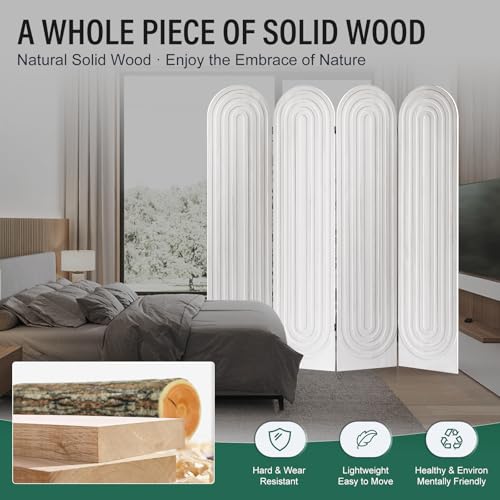 Aletheiawu Room Divider and Folding Privacy Screen 4 Panel Wood Arched Room Divider Wall, Separators Divider for Room Separation, Folding Portable Partition Screen for Home Office Bedroom (White) Aletheiawu