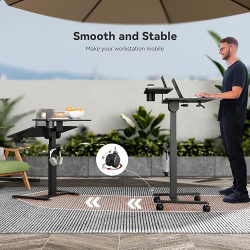Liftsync 28Inch Rolling Standing Desk On Wheels, Small Computer Workstation Adjustable Height, Mobile Laptop Stand with Tiltable Desktop, 2-Tier Portable Study Table with Storage Shelves, Black Liftsync