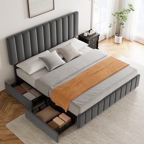 Garvee Queen Size Bed Frame with 4 Storage Drawers, Adjustable Height Headboard, Linen Upholstered Platform Bed Frame, No Box Spring Needed, Easy Assembly, Grey Garvee