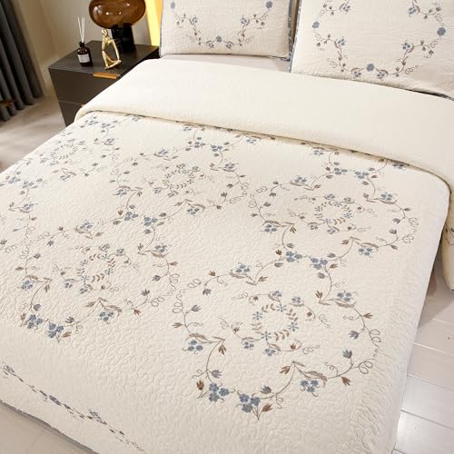 Quilt Set Blue Floral 3D Embroidery Pattern 3 PCS 100% Cotton Reversible Quilted Embroidered Decorative Bedspreads Coverlet Set, Lightweight &Soft King Size White Bedding Coverlet for All Season ROOMLIFE