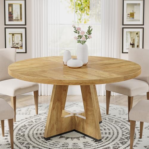 Tribesigns 47 inch Round Dining Table Wood Kitchen Table for Dining Room, 47" Dinner Room Tables for 4-6, Farmhouse Accent Furniture with Wooden Tabletop and Cross Base, Light Wood Tribesigns
