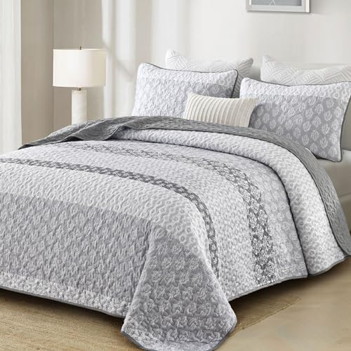 Boho Quilt Set Queen Size Gray Farmhouse Quilt Bedding Set Striped Lightweight Summer Bedspread Coverlet Bedding Set 96"x90" (3 Pieces) Cottolester